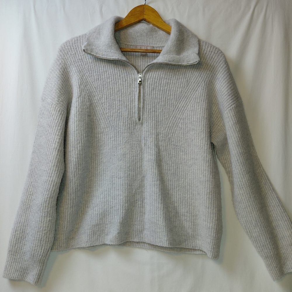 J Crew Wool Blend Quarter‎ Zip Sweater Women's Size Medium Light Gray